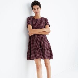 Madewell Short-Sleeve Tiered Mini Dress in Gingham Check, Medium